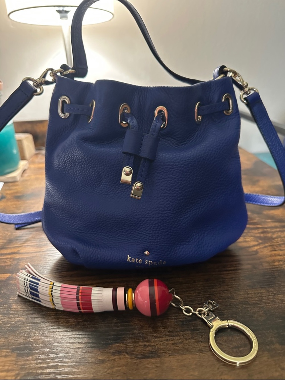 kate spade cobalt blue leather drawstring mini bucket bag